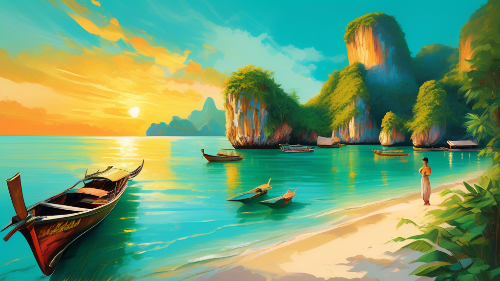 A serene turquoise bay in Thailand with traditional longtail boats, white sand beaches, and lush green islands in the background, bathed in golden sunset light.