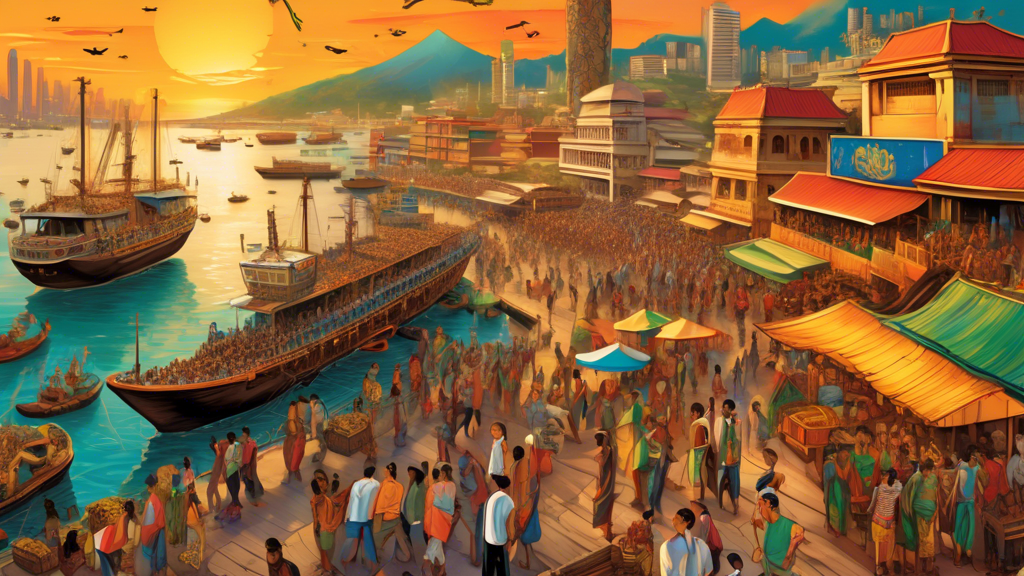 An artistic representation of a bustling international port in Camonoz, showing diverse cultural exchange with people, goods, and technology from around the globe, seamlessly blending traditional and 