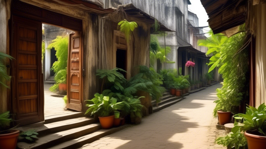 Enchanting and quiet alleyway in Stone Town, Zanzibar, with traditional carved wooden doors and lush hanging plants, devoid of tourists