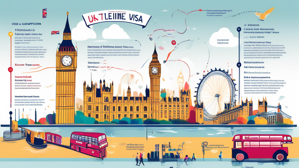 A colorful, detailed infographic illustrating the timeline and steps involved in the UK Spouse Visa application process, with key landmarks of London in the background.