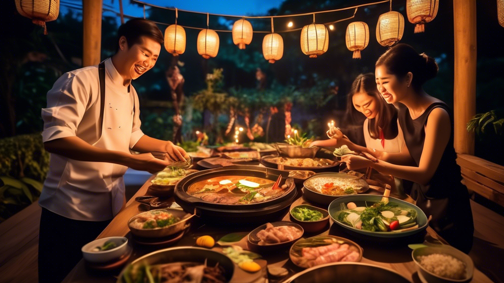 Create an enchanting scene of a Moo-Katha dining experience in Thailand. The image should feature an outdoor setting during the evening, with friends and family gathered around a traditional Thai hot 