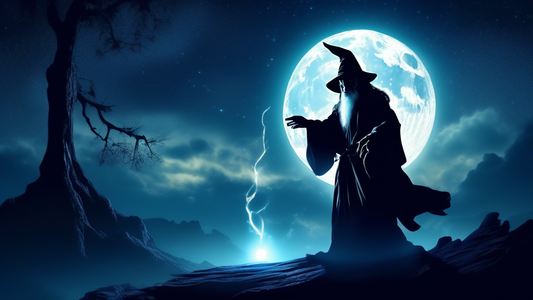 A mystical and ancient wizard casting a powerful spell under the moonlight, with the silhouette of the seventh son watching in awe, in a high-definition digital painting style.