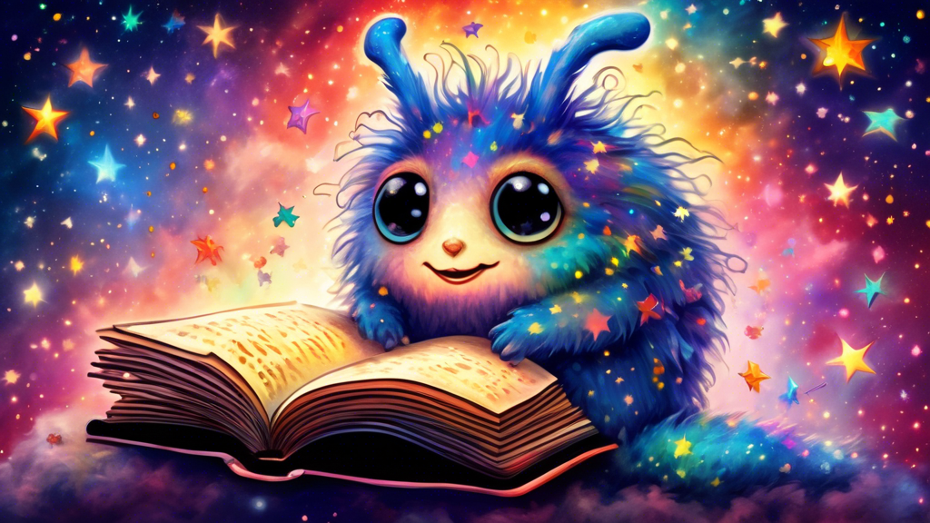 A fluffy, whimsical creature with shining eyes gazing up in wonder at a sky filled with brightly colored stars, an open book resting on its lap.