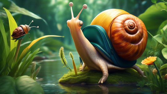 A whimsical illustration of a snail wearing a backpack, exploring a vibrant wetland filled with lush plants and friendly insects