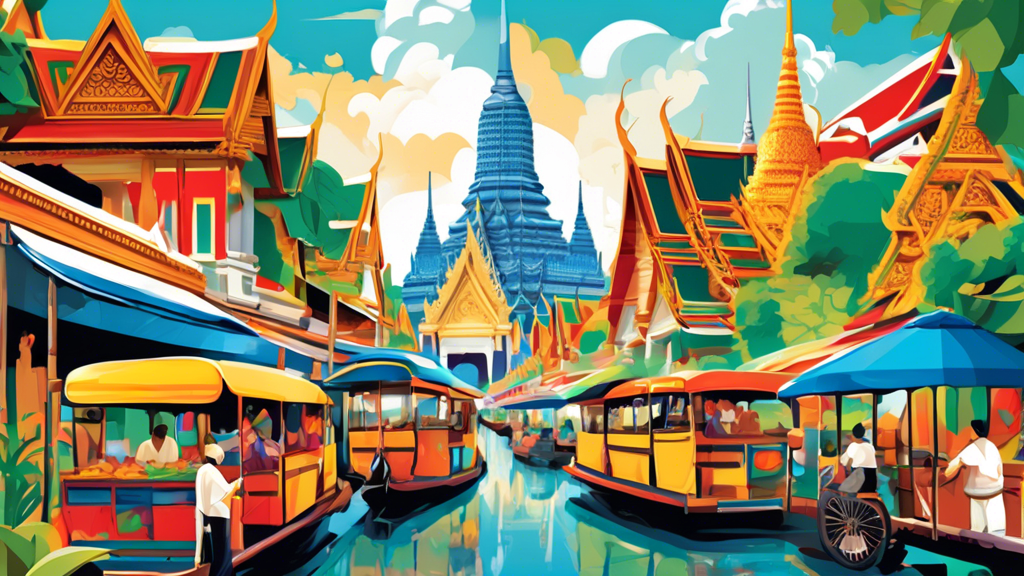 Create an illustrative image featuring a vibrant and bustling scene of Bangkok with key landmarks such as the Grand Palace, Wat Arun, and the floating markets. Include street food vendors and tuk-tuks