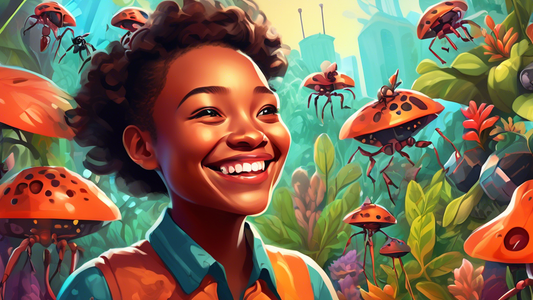 A close-up digital painting of a person smiling proudly beside a flourishing ant farm, showcasing a variety of colorful plants and tunnels, with magnified ants working harmoniously in the background, under a bright, hopeful sky.