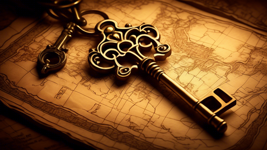 An intricate vintage key lying atop an ancient map, with soft candlelight illuminating the scene, evoking a sense of mystery and exploration.