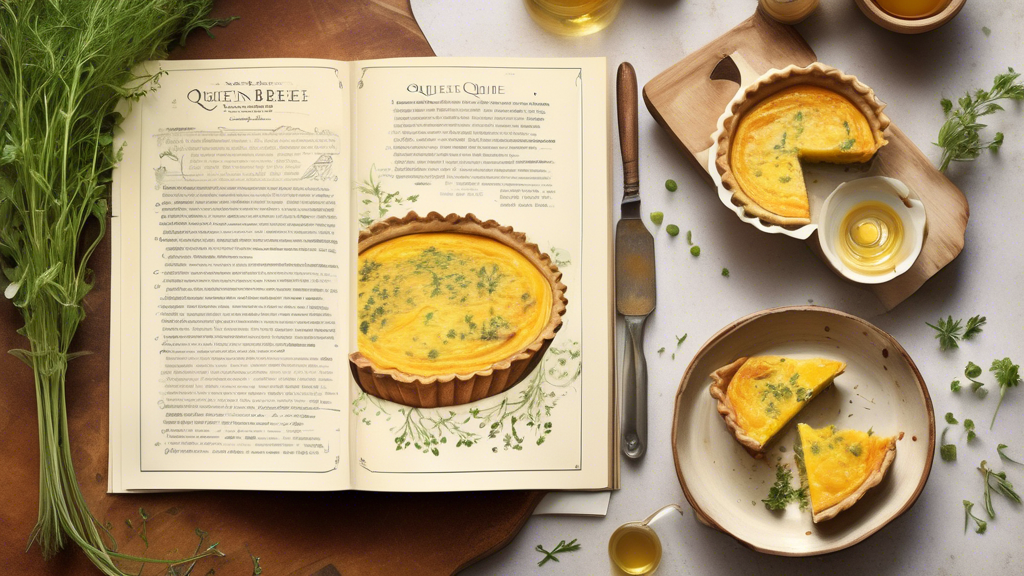 An illustrated page from a vintage cookbook displaying the recipe for Queenbee Quiche, garnished with fresh herbs and honey drizzle, presented on a rustic kitchen counter