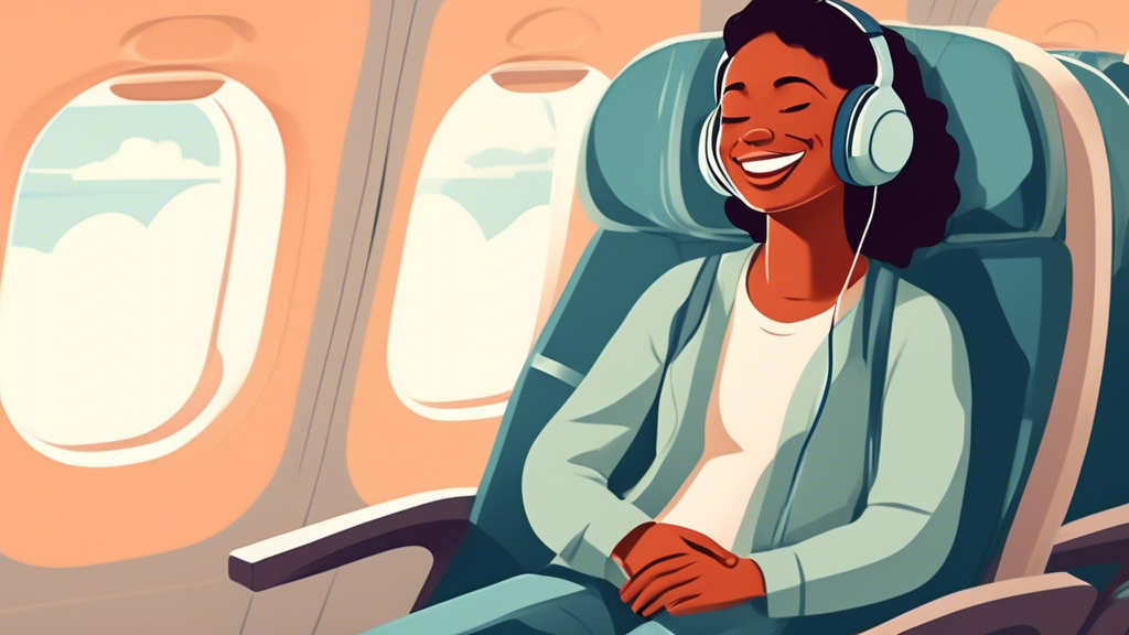 A traveler sitting in an airplane seat, wearing noise-canceling headphones, with a serene smile as various travel-related sounds like airplane engines, crying babies, and announcements are visibly bouncing off an invisible shield around the headphones.