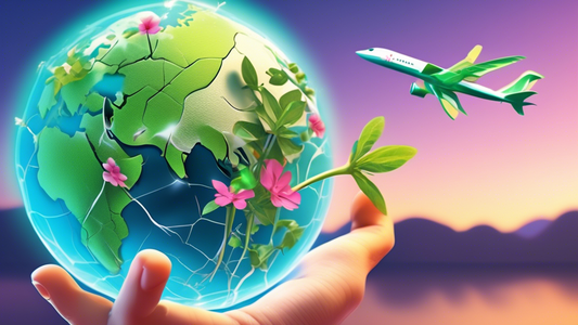 A hand with glowing green energy holds a seedling sprouting from a cracked globe, with airplanes leaving trails of blossoming flowers and clean energy in the sky.