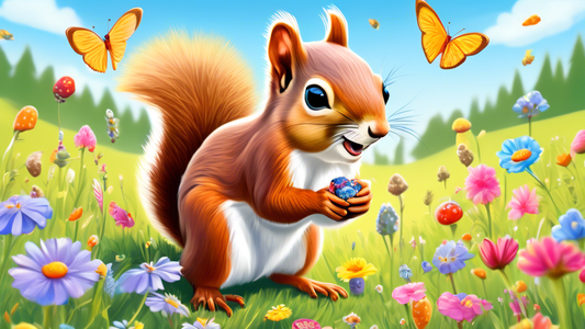 A cheerful cartoon xerus squirrel enjoying a variety of colorful xylitol-infused treats in a bright, sunny meadow, surrounded by wildflowers and a clear blue sky overhead.