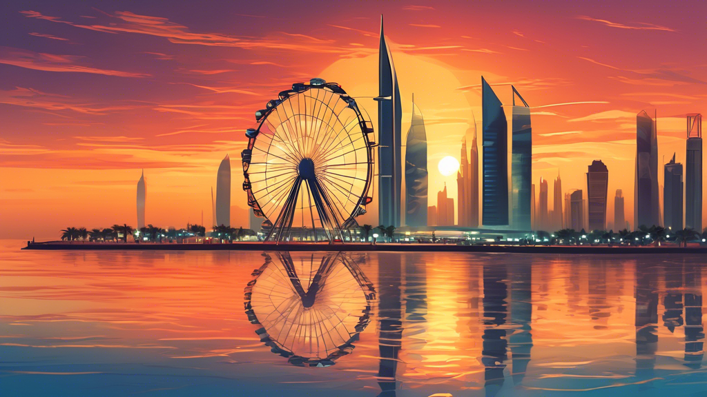 A breathtaking view of the Ain Dubai Ferris wheel at sunset, with the Dubai skyline in the background, reflecting off the ocean.