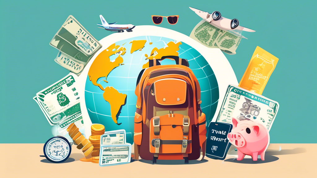 An illustration of a globe surrounded by various currencies, airplane tickets, a piggy bank wearing sunglasses, and a backpack full of travel essentials, all under a banner that reads 'Travel Smart!'