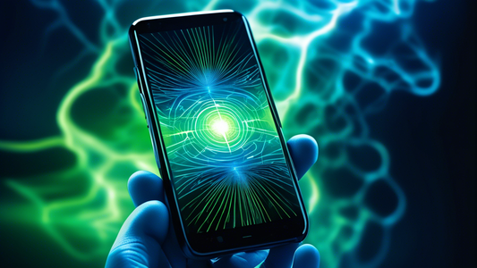 An illustrated close-up of a modern, sleek EMFDEFENSE™ Negative Ions Sticker affixed to the back of a smartphone, with vivid blue and green energy waves emanating from it, set against a futuristic, technological background.