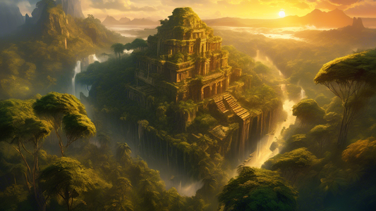 A mystical aerial view of the lost city of Zanderia, hidden amidst dense, uncharted jungles with ancient, towering structures peaking through the vibrant canopy, bathed in the golden light of sunset.