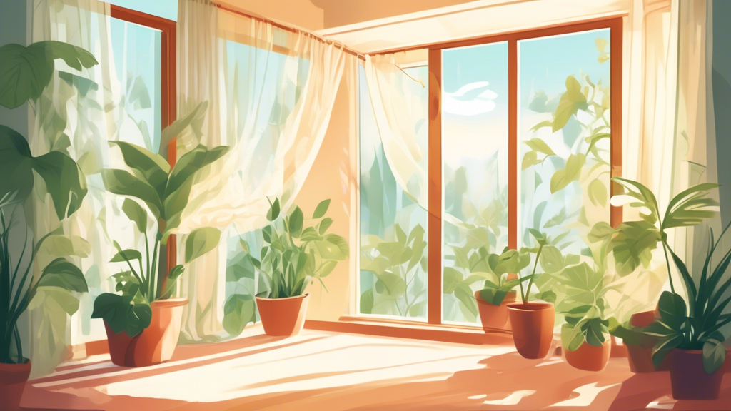 An open window on a sunny day with a gentle breeze blowing sheer curtains into a bright, peaceful room filled with lush indoor plants.