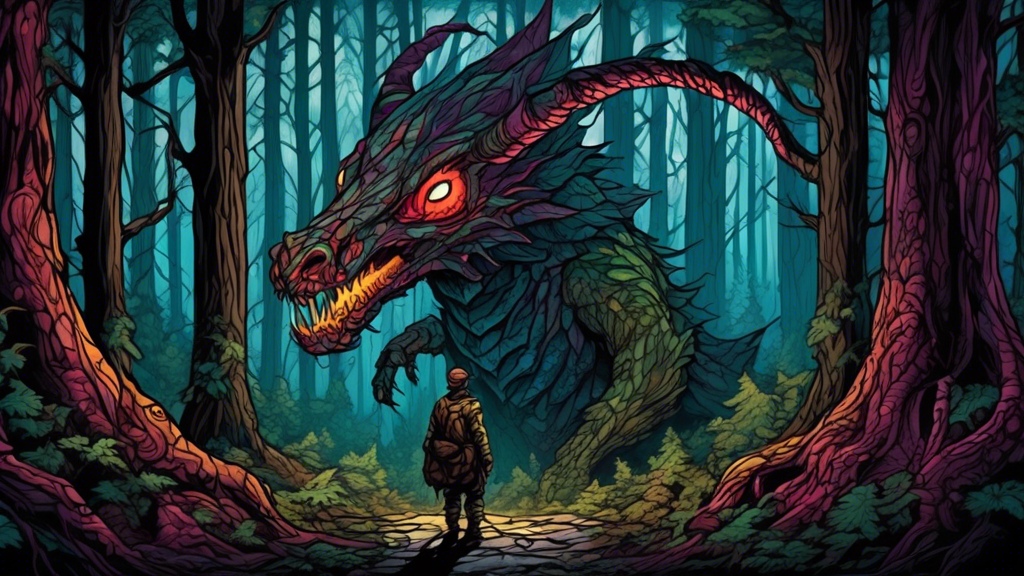 A lone woodsman stands defiantly before a massive wyrm emerging from a dark forest.