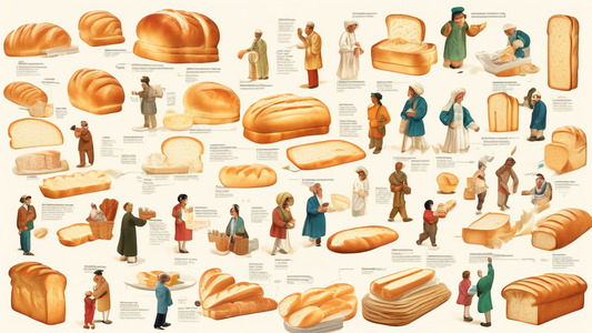 An illustrated timeline showing the evolution of white bread popularity across the globe, with vibrant scenes from different eras and cultures enjoying white bread in various forms.