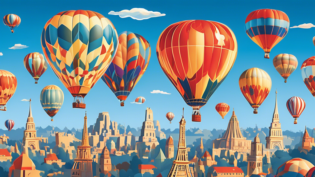 Colorful hot air balloons soaring over the iconic landmarks of the world, each balloon branded with 'Air Aid Travels' logo, under a clear blue sky