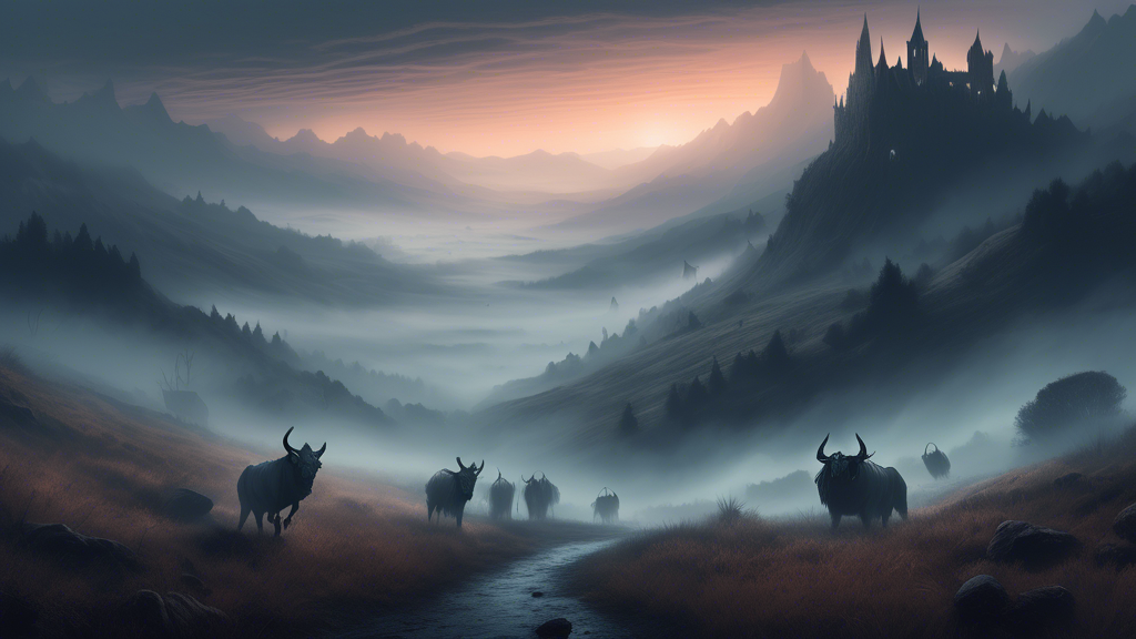 An eerie, mist-covered valley at twilight, populated with mythical blind beasts using other senses to navigate the foggy terrain, set in a fantastical landscape.