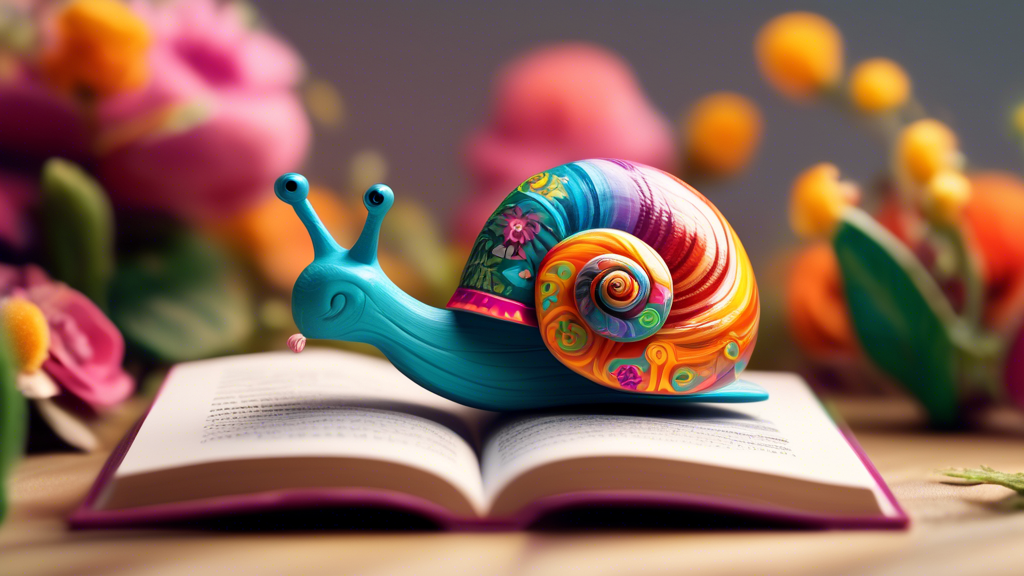 A snail with its shell painted with an intricate and colorful floral design slowly crawling across a miniature living room set.