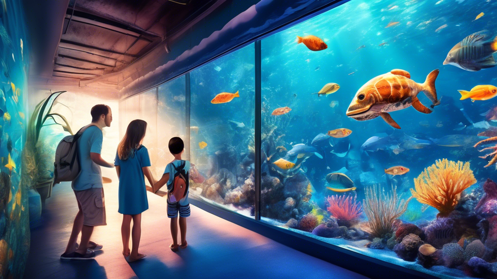 A family marveling at the mesmerizing marine life while exploring the vibrant underwater walkways of Cebuy Ocean Park, with a guide pointing out exotic sea creatures and coral gardens, in a sunlit, immersive aquarium experience.