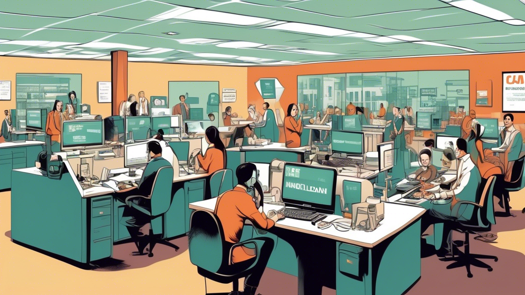 An illustration of a detailed modern customer service center, bustling with representatives assisting clients over the phone and through computers, with 'Manchester Cash Loan Help Desk' signage prominently displayed.