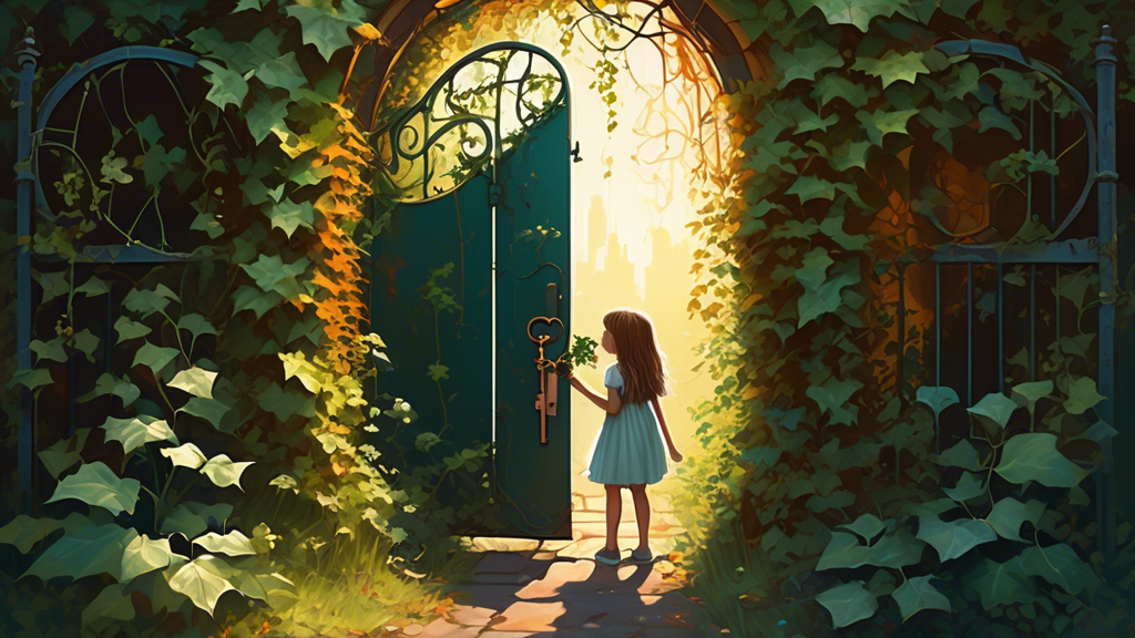 A young girl with a key unlocking a rusty gate overgrown with ivy, leading to a secret garden bathed in sunlight.