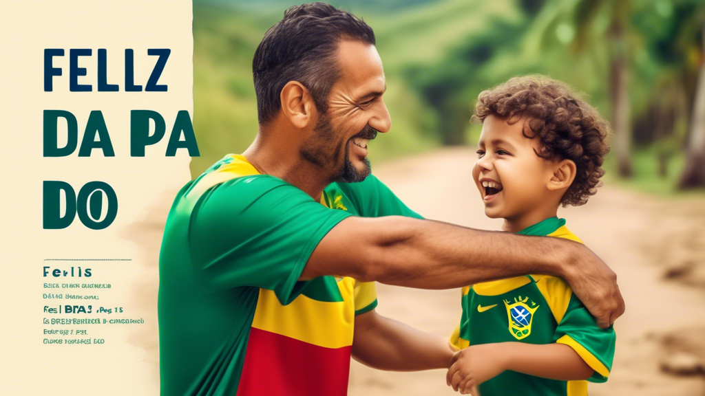 A Brazilian father holding his young son, both wearing Brazilian soccer jerseys, with the text Feliz Dia dos Pais in a festive font.