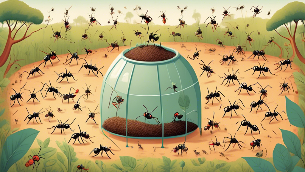 A whimsical illustration of ants teaching humans about ant farming, with a classroom setting inside an oversized ant farm, debunking common myths with fun visual aids and humorous expressions.