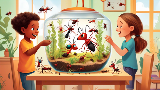 A vibrant, illustrated comparison chart of the top ant farms for kids, showcasing various designs and features, with excited children observing the tiny ecosystems, set in a sunny, playful classroom environment.