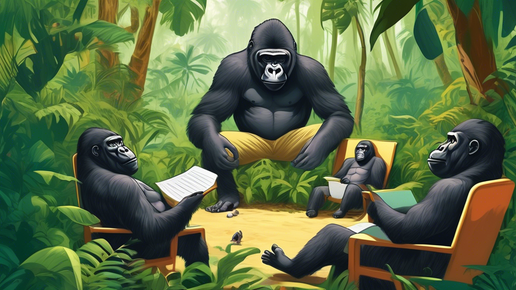 A curious explorer taking notes while sitting at a respectful distance from a group of gorillas demonstrating their daily activities in a lush, vibrant jungle.