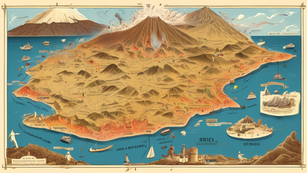 An illustrated map of Sicily highlighting its active volcanoes and surrounding waters, peppered with callouts of local vocabulary related to volcanic geography.