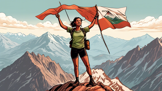 An empowered female hiker standing triumphantly on a mountain peak with a panoramic view of diverse terrains that symbolize the 3,000-kilometer Hexatrek, holding a flag that reads 'First North American Woman'.