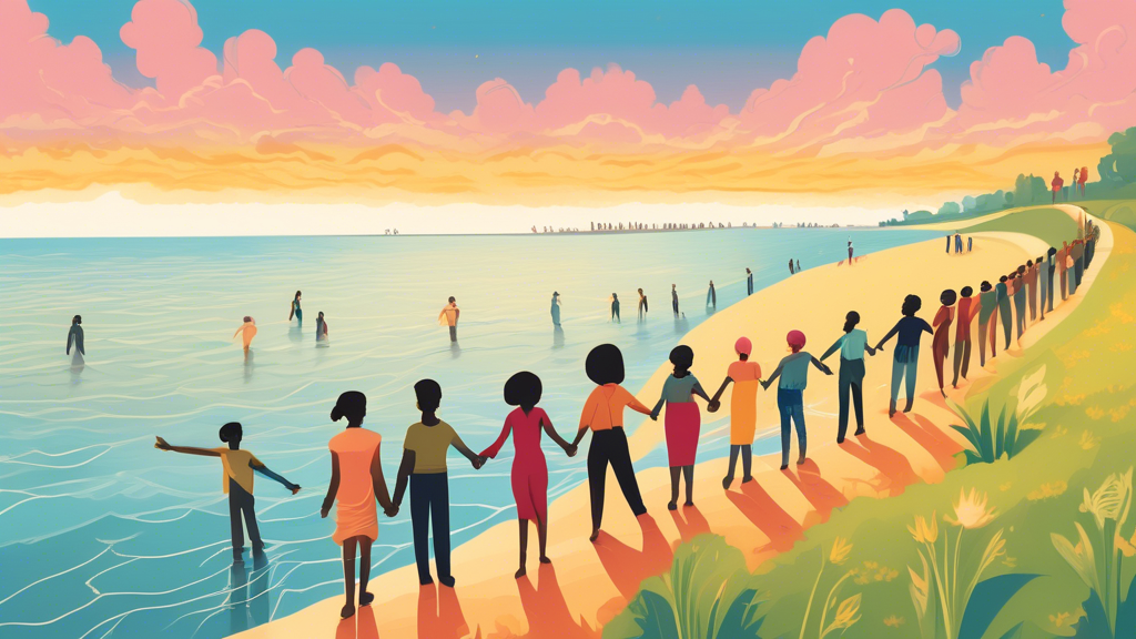 An uplifting image of a diverse group of people holding hands and forming a human chain that stretches from the banks of a river all the way to the shore of the sea, under a bright and hopeful sky.