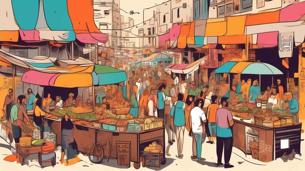 An artistic depiction of a bustling hidden street food market in Beirut, highlighting a diverse mix of expatriates and locals gathered around colorful stalls, each offering unique and undiscovered culinary treats from around the world.