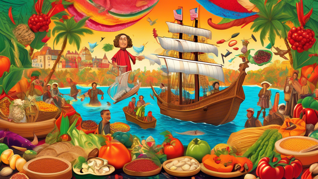 An imaginative illustration of Christopher Columbus and his crew landing in America, surrounded by a vibrant and colorful array of indigenous foods and spices, showcasing the beginning of a cultural and culinary exchange.