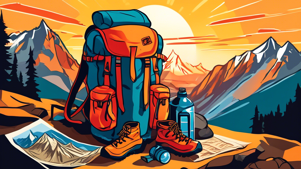 A colorful illustration of a backpack overflowing with outdoor gear essentials like a tent, hiking boots, a map, a compass, and a water bottle, set against a backdrop of majestic mountains and a setting sun.