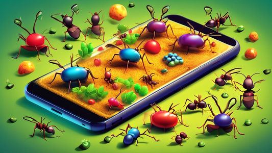 Digital illustration of a vibrant ant farm inside a smartphone, with cartoon ants working and harvesting food, surrounded by app icons related to games and farming apps.