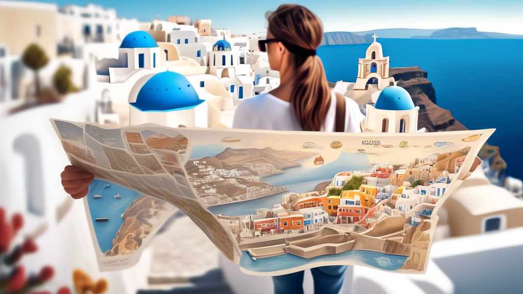 Photorealistic image of a tourist holding a map and looking at iconic Santorini landmarks, dotted with top 5 activity icons around them.