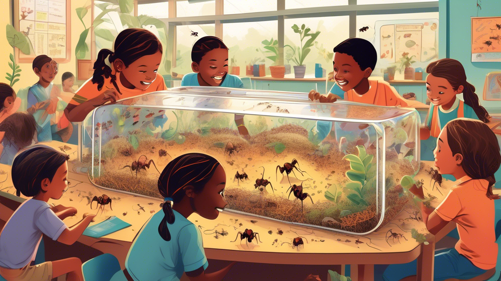An intricate, colorful illustration of children joyfully observing a large, transparent ant farm kit in a classroom setting, with various tunnels and chambers filled with ants working together, showcasing the educational aspects of ecology and teamwork.