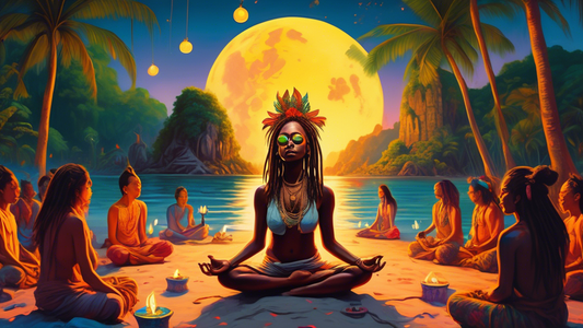 A meditating woman with dreadlocks sits in lotus position on a beach during a full moon party, surrounded by fire dancers and partiers, with a serene jungle temple in the background.