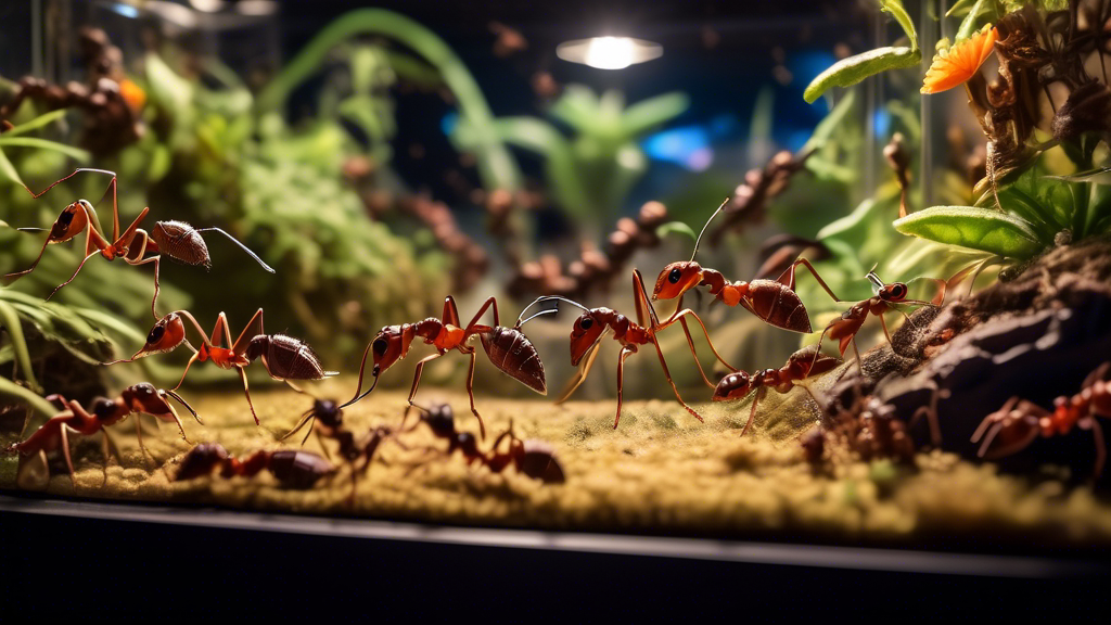 An intricate ant farm exhibit bustling with activity, showcasing diverse ant species, in a vibrant, educational setup filled with curious visitors of all ages, under soft, ambient lighting.