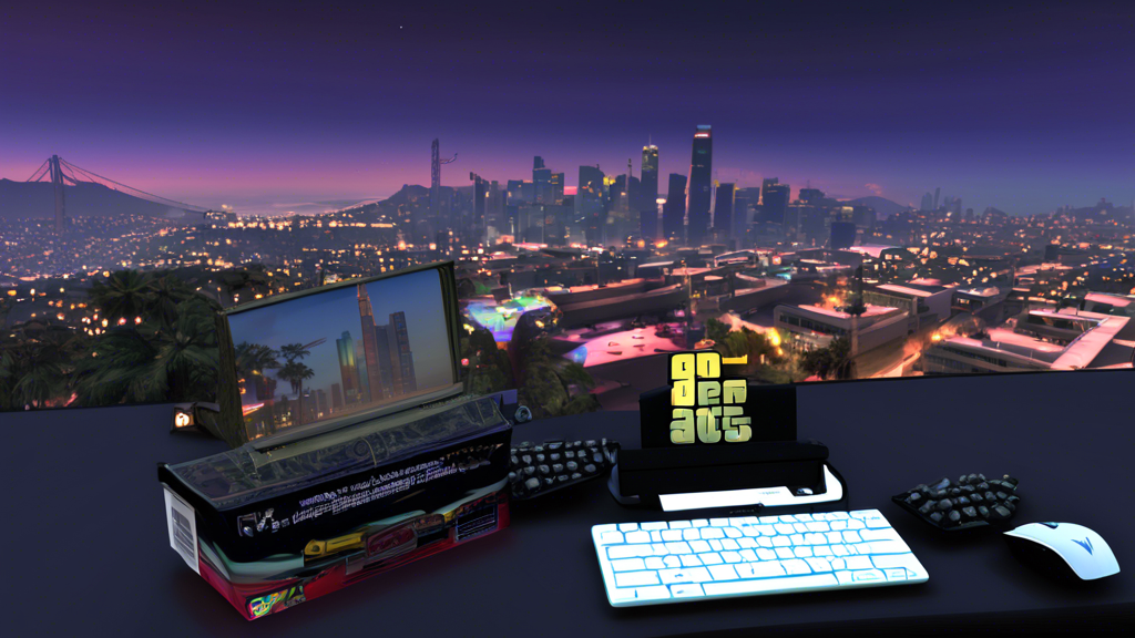 Here's a DALL-E prompt for an image related to Download GTA V for PC:

A stylized computer screen displaying the iconic GTA V logo and a download progress bar, with a gaming keyboard and mouse in the 