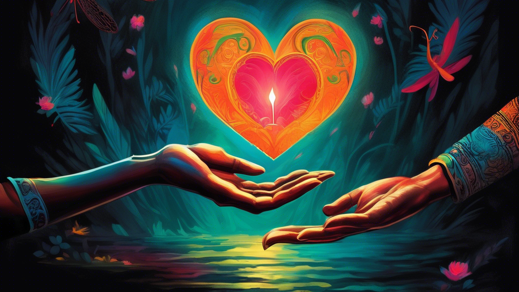 A hand offering a glowing heart to another hand reaching out from the darkness.