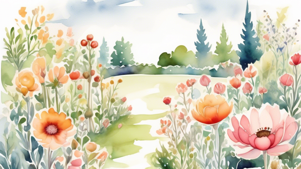 A serene watercolor illustration of a blooming garden representing the growth and beginnings of the first trimester, with a whimsical calendar gently marking the days.