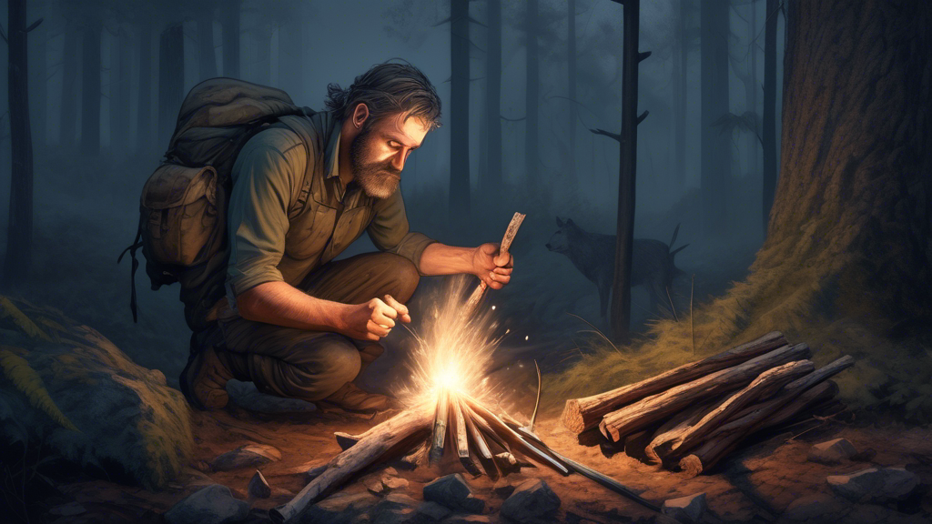 A rugged, unshaven survivalist creating a spark with a flint and steel next to a small pile of kindling in the twilight of a dense, misty forest.