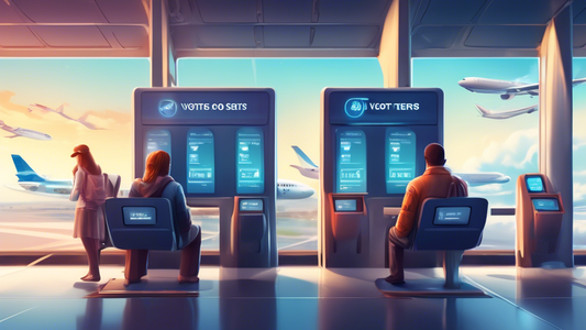 Digital illustration of travelers voting for their favorite airplane seats, window versus aisle, with a futuristic, interactive poll interface, in a lively airport setting.