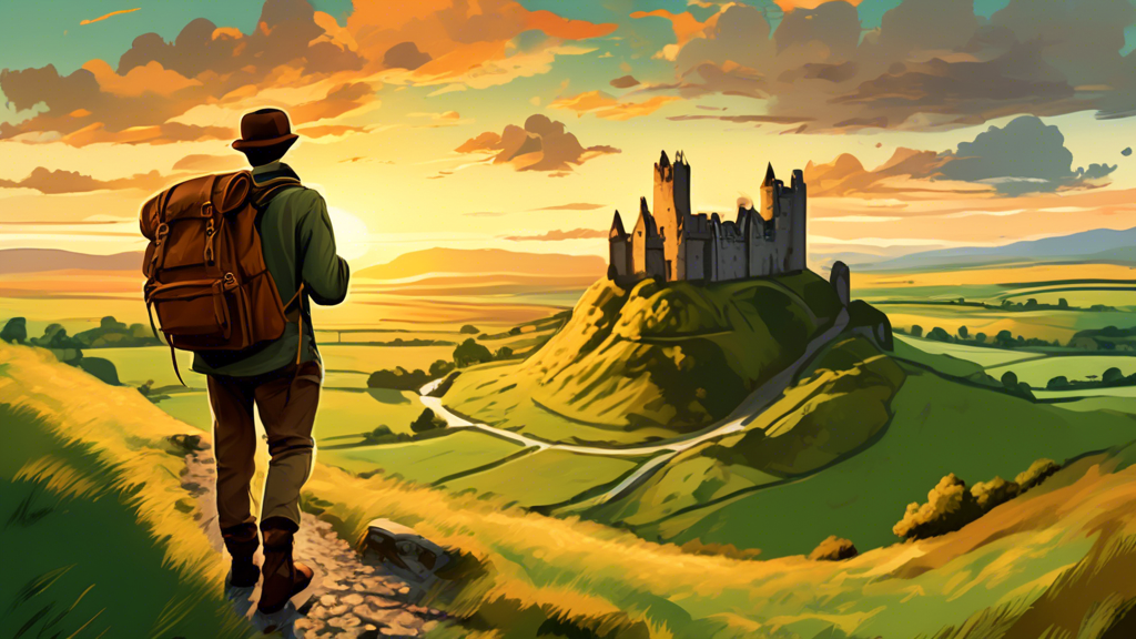 A beautiful panoramic landscape at sunset depicting a traveler with a vintage backpack and camera, exploring a series of majestic ancient castles scattered across the lush green countryside of Ireland.