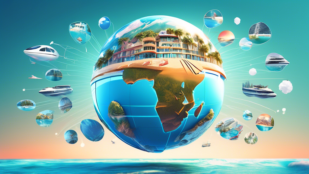 Digital art of a futuristic virtual reality globe showing highlighted top summer travel destinations for 2024, with animated icons of beaches, mountains, and cityscapes floating around it.